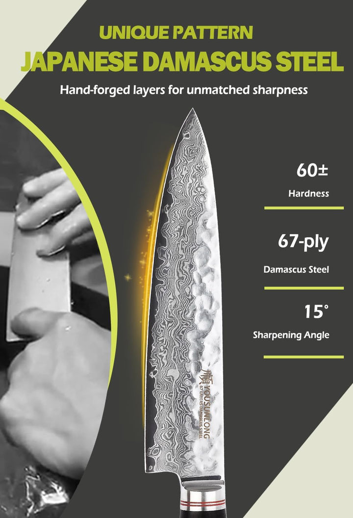 YOUSUNLONG Kochmesser 8 Zoll Gyuto Japanisch Gehämmerter Damaststahl Natur Bleiholzgriff mit Ledersc