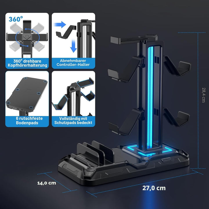 KDD Headset Halterung Led mit Ladestation - PS5 Controller Halter & Kopfhörer Ständer Tisch mit 9 Li
