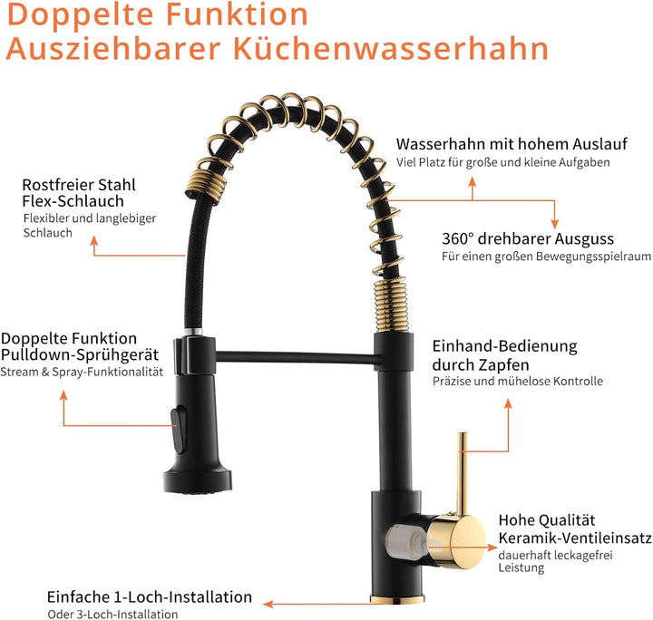 AIMADI Wasserhahn Küche Schwarz Glod küchenarmatur mit Herunterziehen Brause Armatur Küche mischbatt