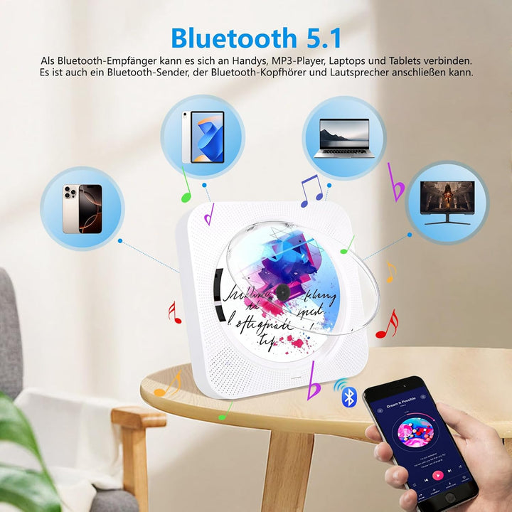 Tragbarer CD-Player, CD Players Bluetooth 5.1 mit Fernbedienung Unterstützung Timer, HiFi-Lautsprech