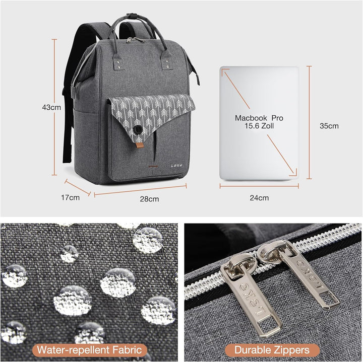 Lekesky Rucksack Damen Schultasche mit Laptopfach &amp; Anti Diebstahl Tasche, 15.6 Zoll Laptoprucksack