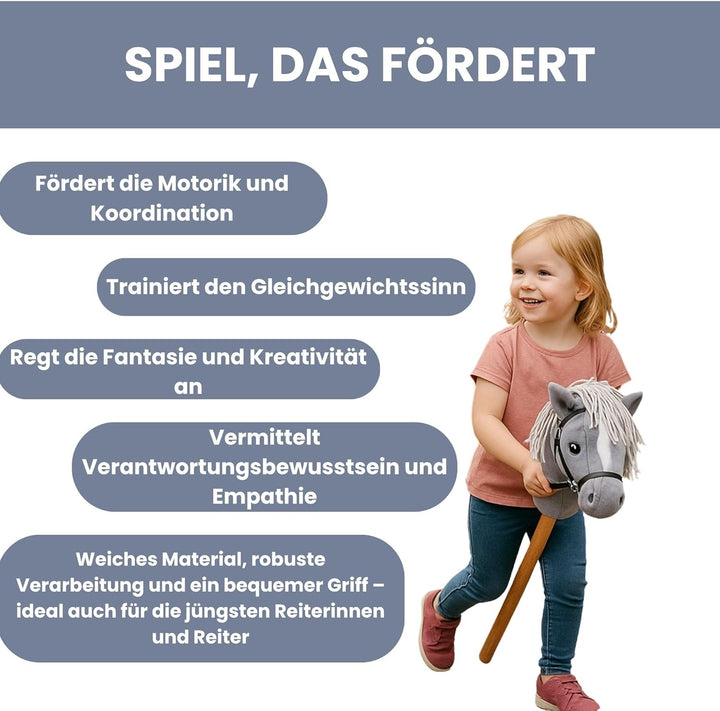 Start Hobby Horse Steckenpferd aus Plüsch mit Holzstock – Realistisches Stockpferd mit Langer Mähne