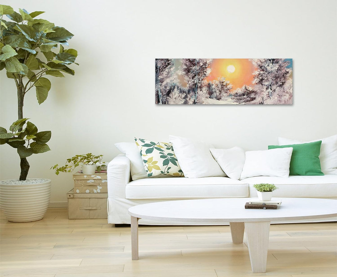 Sinus Art Wandbild 150x50cm Malerische Winterlandschaft am See auf Leinwand für Wohnzimmer, Büro, Sc