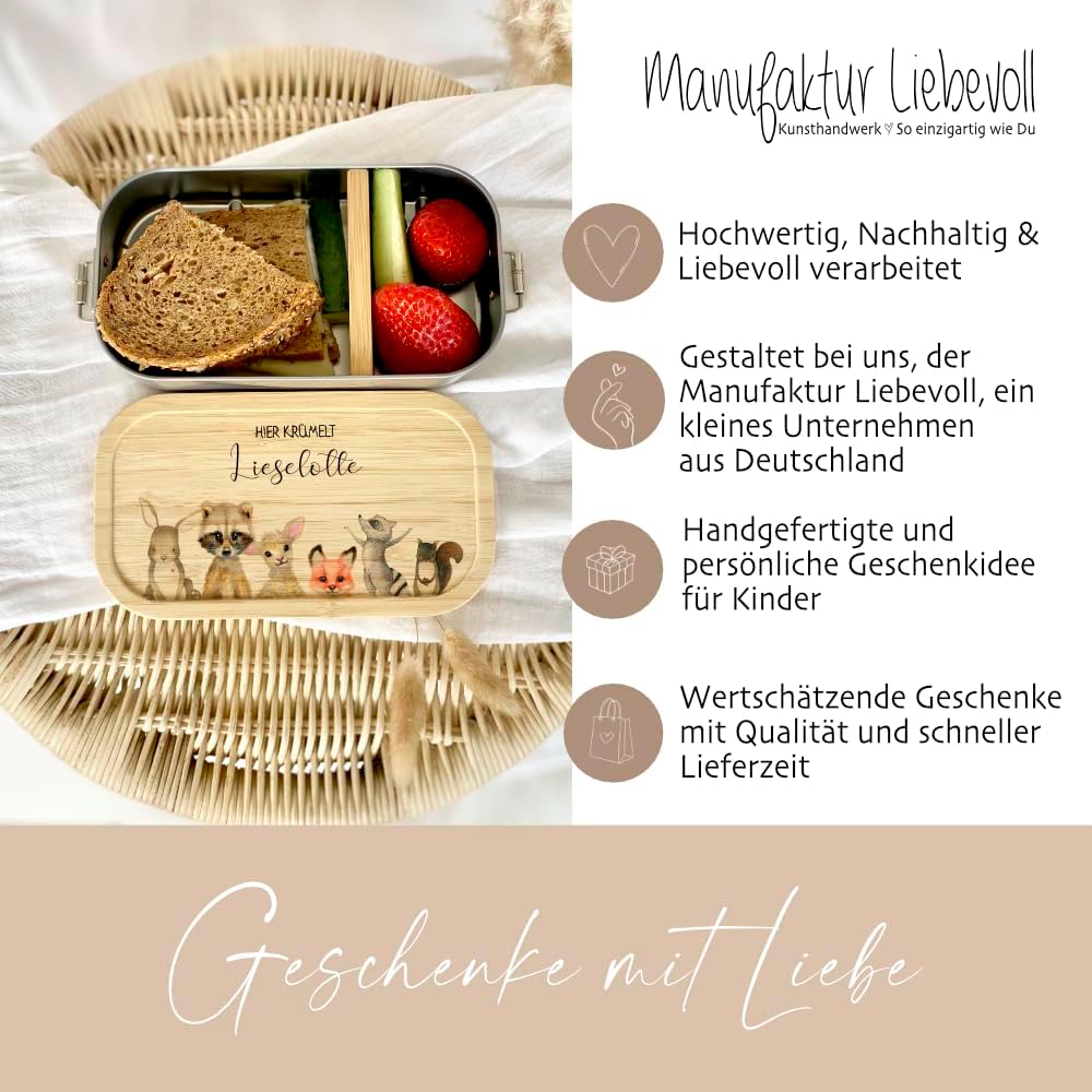 Manufaktur Liebevoll - Personalisierte Brotdose mit Fächern, Edelstahl Lunchbox mit Bambus Deckel u.