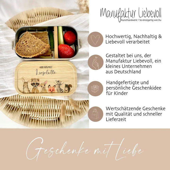 Manufaktur Liebevoll - Personalisierte Brotdose mit Fächern, Edelstahl Lunchbox mit Bambus Deckel u.
