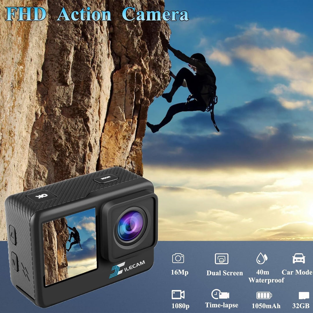 Xilecam Dual Screen Action Cam 1080P 32 GB Karte wasserdichte Kamera wasserdichte Unterwasserkamera