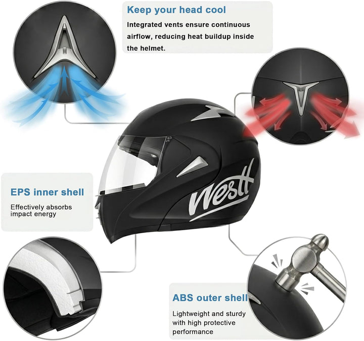 Westt Motorradhelm Herren Damen Integralhelm Klapphelm Flip-up Motorrad Jethelm Chopper Mofa Moped R