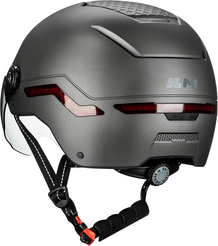 ILM Fahrradhelm Herren Damen mit Visier und LED Licht Beleuchtung Automatischem G-Sensor für Blinker