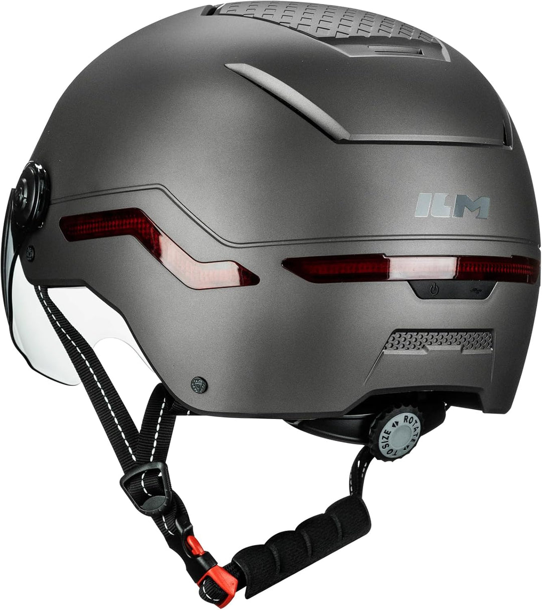 ILM Fahrradhelm Herren Damen mit Visier und LED Licht Beleuchtung Automatischem G-Sensor für Blinker