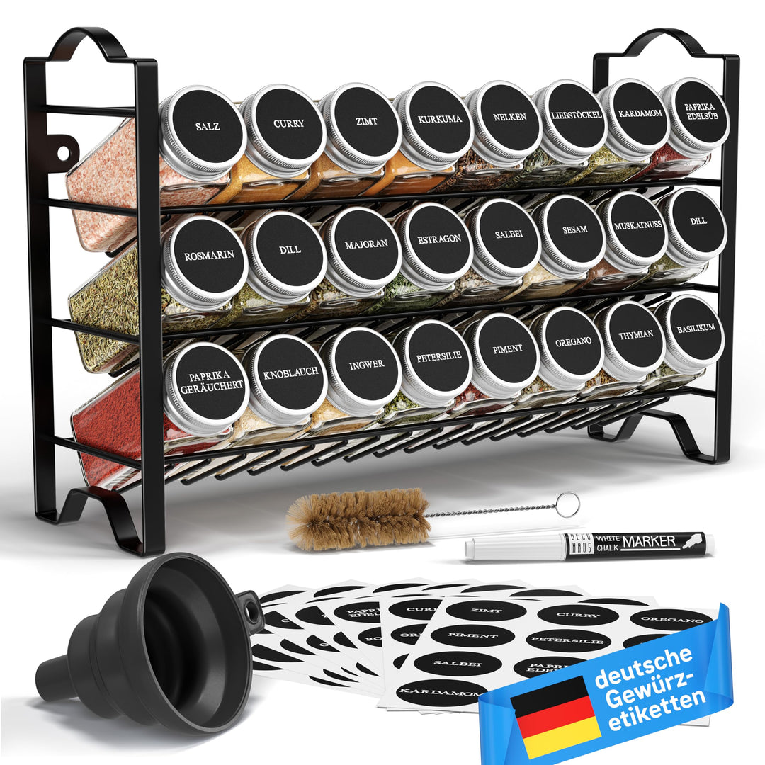Deco haus Gewürzregal mit Gewürzgläser - 3 stufiges Metall Regal - Küchen Organizer Set, Gewürzständ