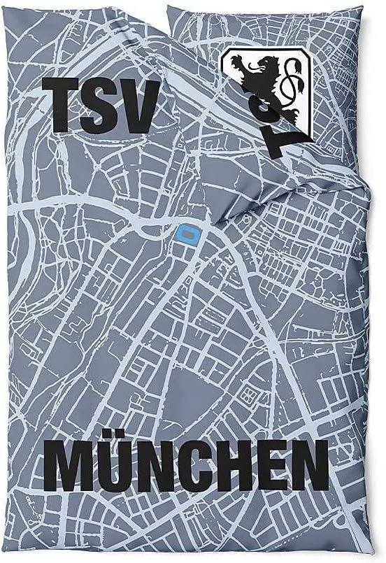 TSV 1860 München Bettwäsche ** Map ** 2teilig, Reissverschluss, 135 x 200 cm, 80 x 80 cm, 100% Baumw