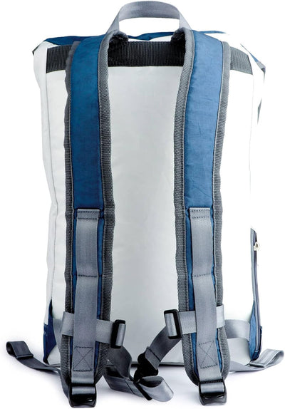360° Grad Rucksack Landgang gross aus Segeltuch, Segel weiss-blau, Zahl hellgrau Gurt grau