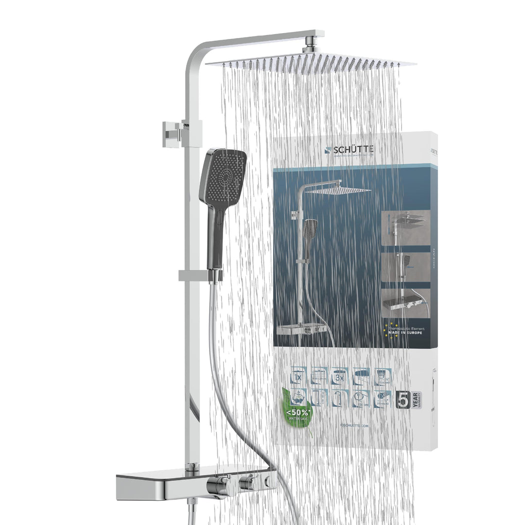 Schütte OCEAN Duschsystem mit Thermostat und Glasablage-Duschset mit 30x30cm, Regendusche mit Wandha