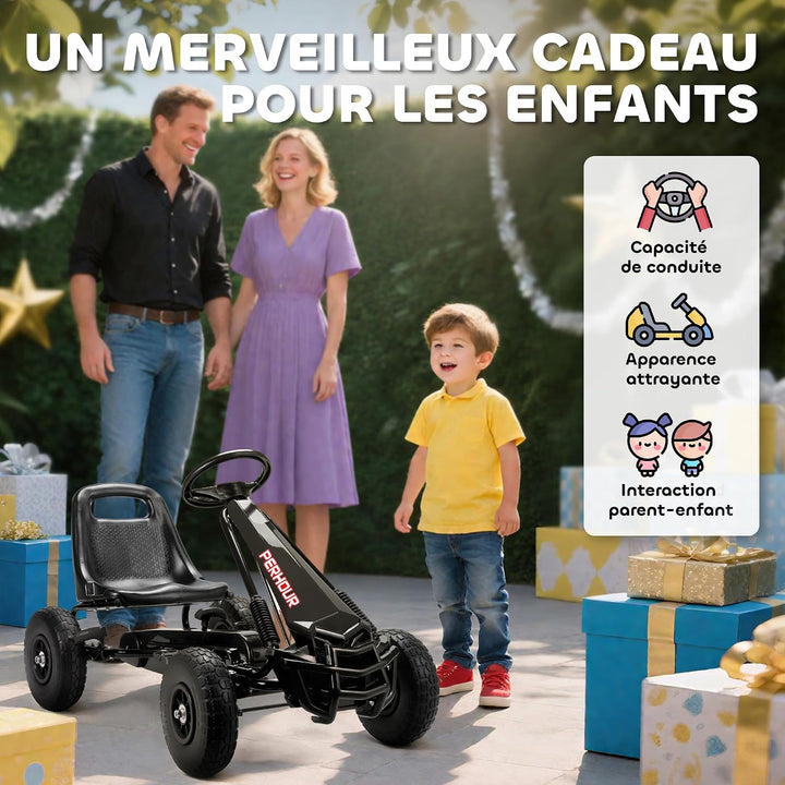 AIYAPLAY Go-Kart Gokart mit Pedalen für Kinder, verstellbarer Sitz, EVA-Reifen, Schwarz | Manuelle K