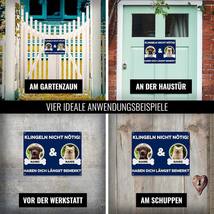 Hunde Schild personalisiert - Klingeln nicht nötig - Metallschild mit Foto und Name für aussen, wett