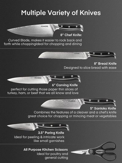 Messerblock, FOHERE 7-TLG Damast Messerblock mit Messer, Japanisches Damaststahl VG-10, Rutschfest u
