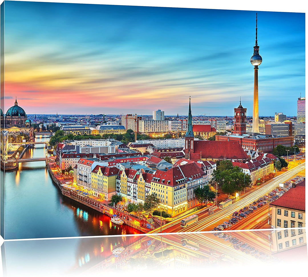 Berlin City Panorama, Format: 100x70 auf Leinwand, XXL riesige Bilder fertig gerahmt mit Keilrahmen,
