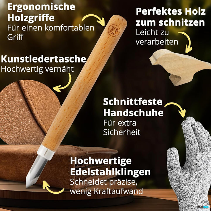 Eli® Schnitzset für Kinder (17-teilig) inkl. Schnitzanleitung - Rohling aus Holz Vogel - 12 hochwert