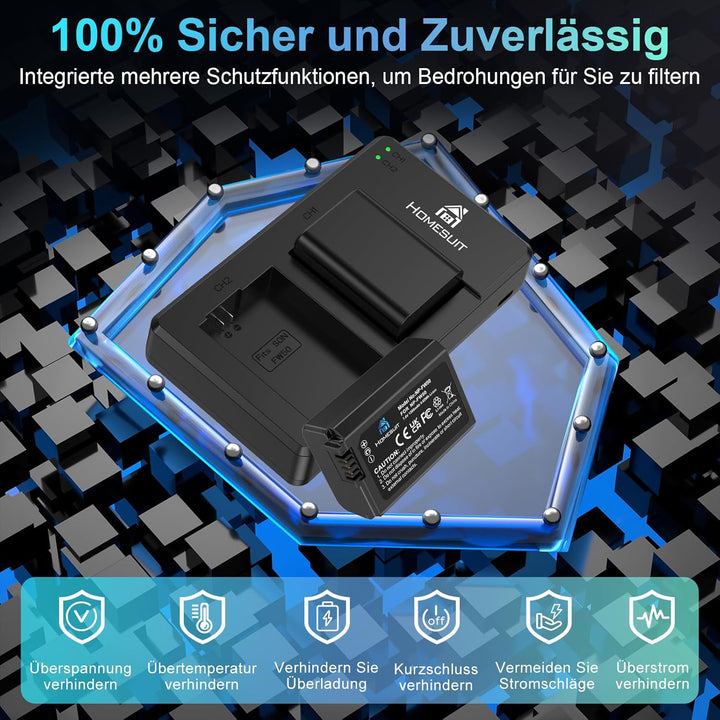 Homesuit NP-FW50 Akku und USB Dual Ladegerät Kit für Sony ZV-E10, A6000-Akkus, A6500, A6300, A7II, A