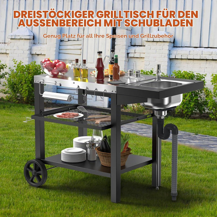 GFTIME Grillwagen 107x63x81cm, Grilltish mit Spüle für Ninja woodfire, für Pizzaöfen, grillwagen Out