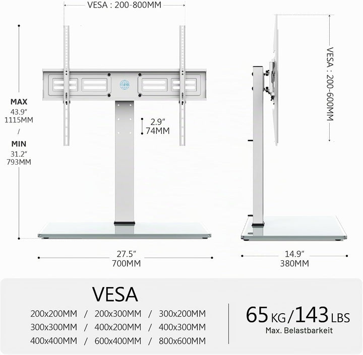 FITUEYES TV Standfuss Universal TV Ständer für 50-85 Zoll Flach &amp; Curved Fernseher bis zu 50kg Schwe