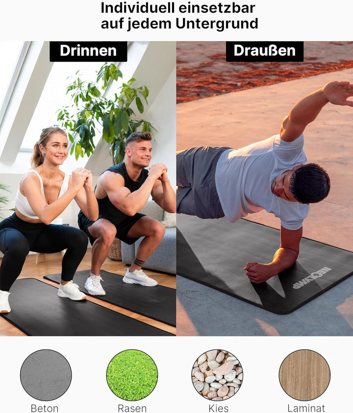 NEOLYMP extra dicke und rutschfeste Fitnessmatte mit Fitness E-Book und Tragegurt - Pilatesmatte, Yo