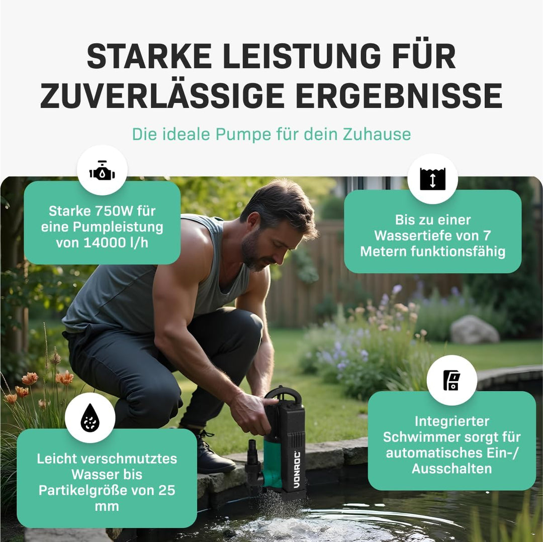 VONROC Tauchmotorpumpe 750W - 14000 l/h - Integrierter Schwimmer | Schmutz- und Klarwasser