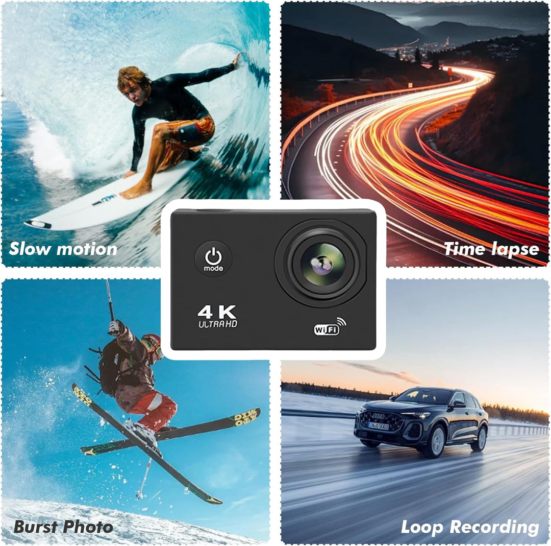 Action Cam 720P 30FPS mit 64GB Karte,20MP Unterwasserkamera bis 40m, Touchscreen,140° Weitwinkel Spo