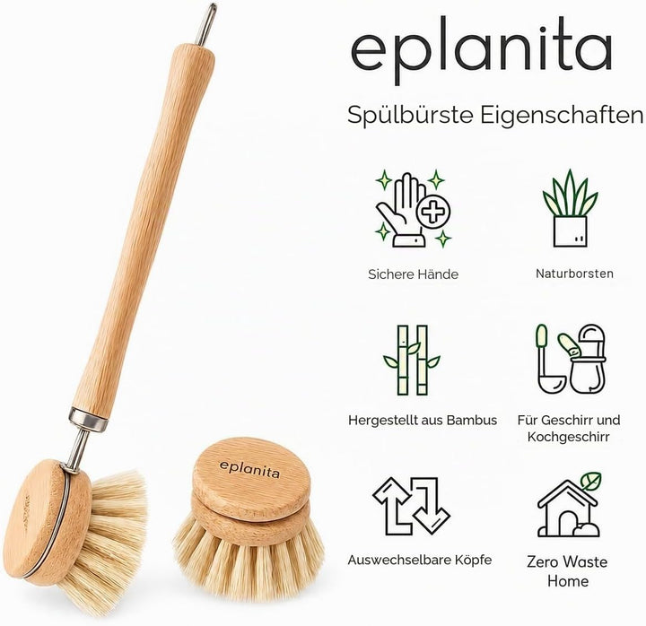 EPLANITA ® Bambus Spülbürste mit 3 Ersatzköpfen, Naturfaserborsten, kompostierbarer Schwamm inklusiv