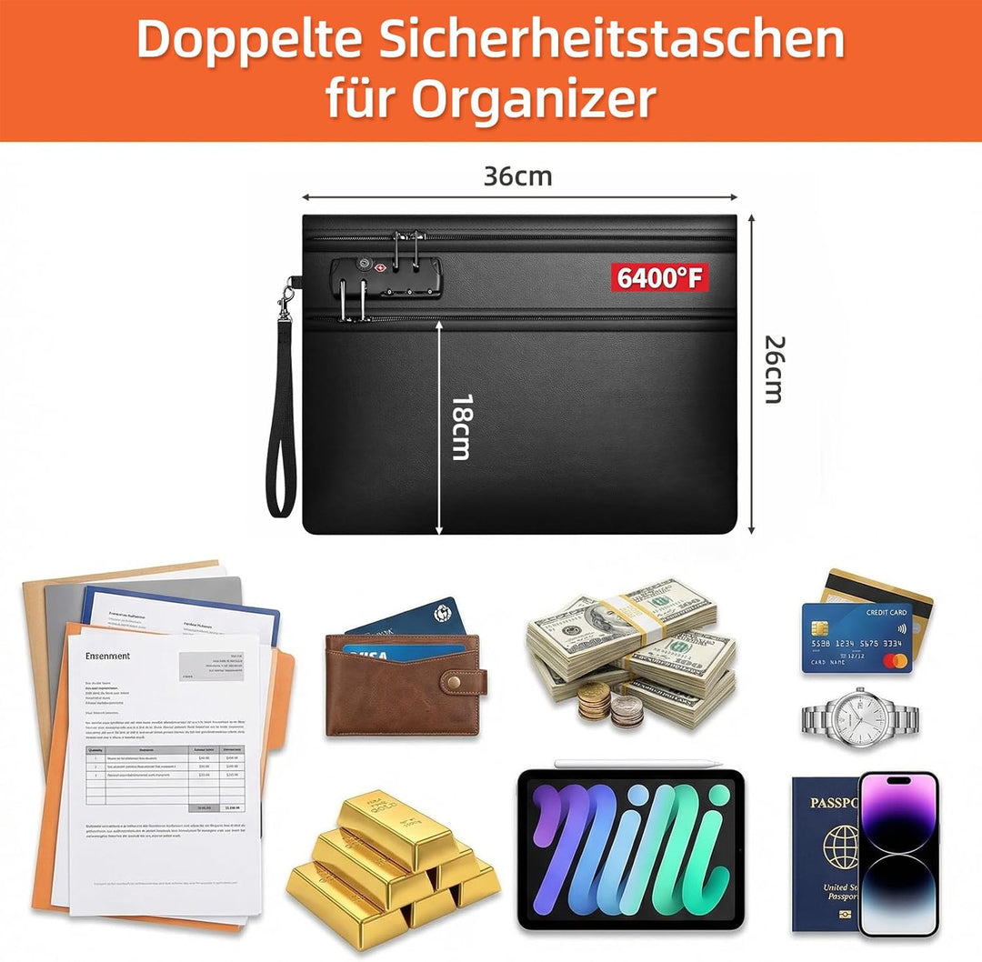 Feuerfeste Dokumententasche Schwarz – 36 × 26 cm, Dokumentenmappe für wichtige Unterlagen, Aufbewahr