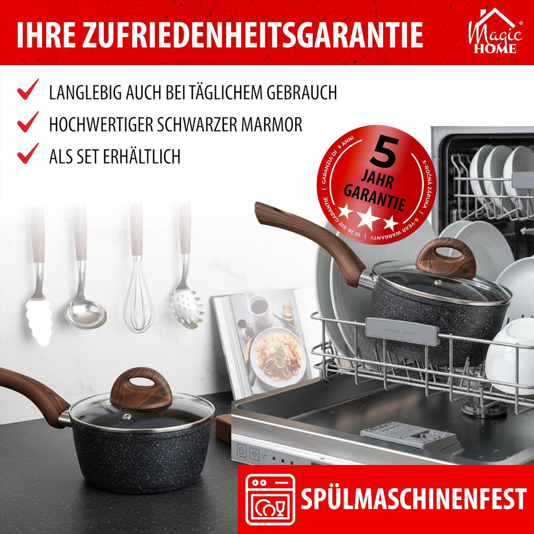 MAGIC HOME Stielkasserolle 16 cm INDUKTION | Marmor Antihaft Kasserolle mit Deckel | Kleiner Topf |