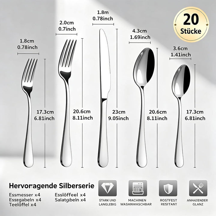 Besteck Set 4 Personen, 20-Teilig, 18/10 Edelstahl, Silber | Teardrop Design, Modern Poliert, Spülma
