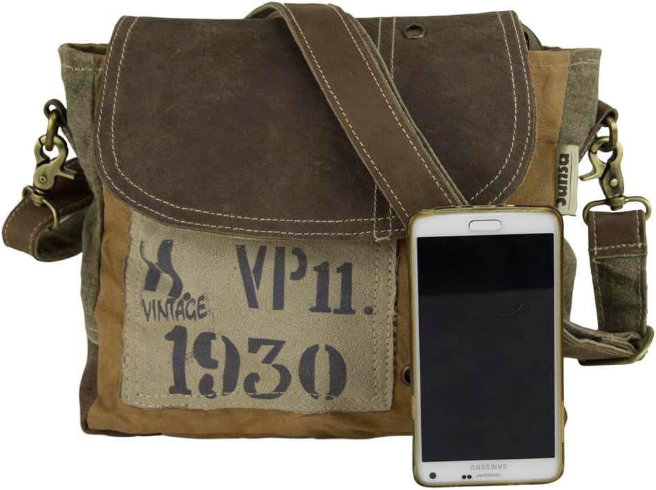 Sunsa Vintage Umhängetasche. Kleine Tasche aus Canvas & Leder. Nachhaltige Messenger Bag. Geschenk I
