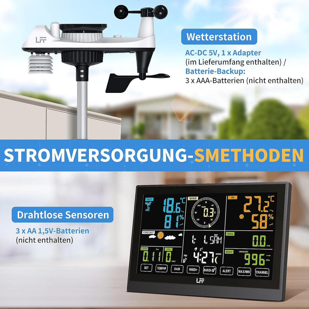 LFF 7-In-1 Wetterstation Funk mit Aussensensor, 7,5-Zoll-Display Funkwetterstation mit DCF-Funkuhr,