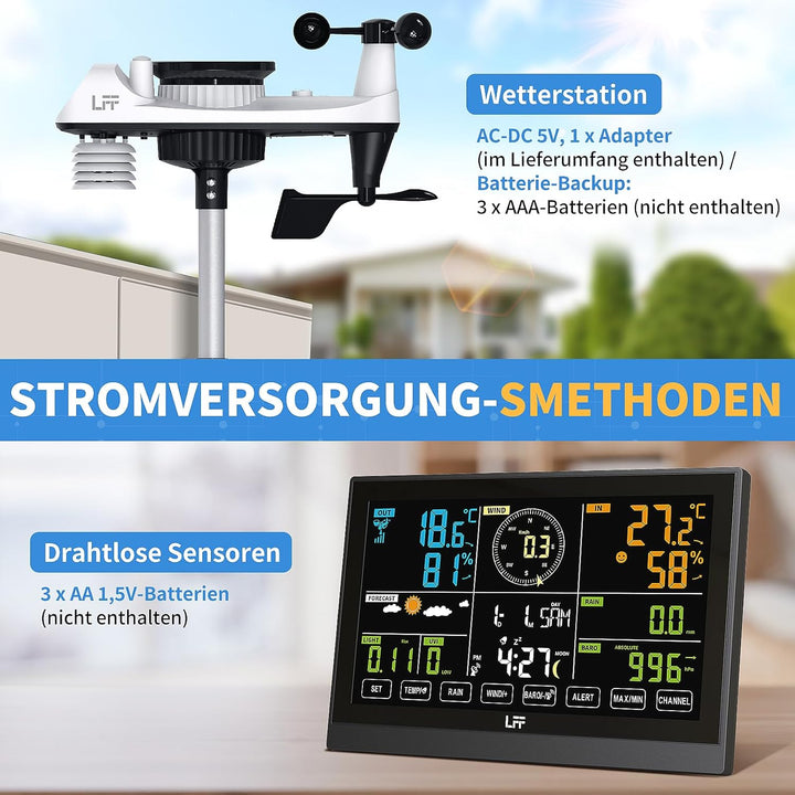 LFF 7-In-1 Wetterstation Funk mit Aussensensor, 7,5-Zoll-Display Funkwetterstation mit DCF-Funkuhr,