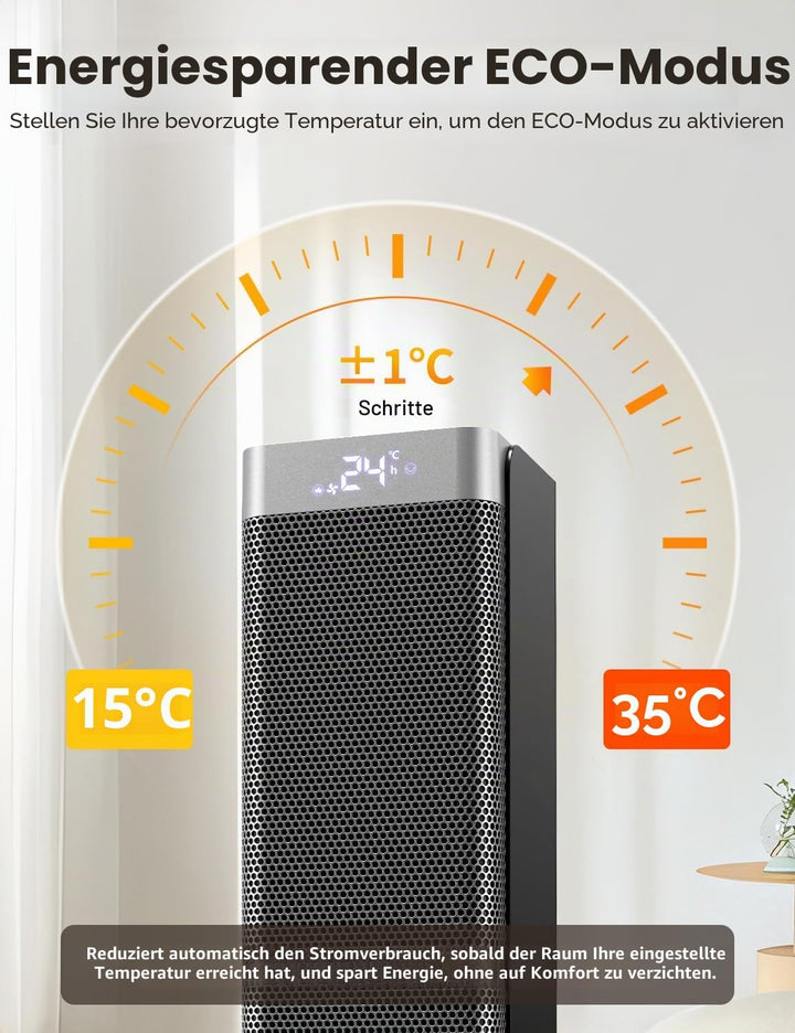 Heizlüfter Energiesparend, 2000W, PTC Keramik Heizung,LED-Anzeige,70° Oszillation,12-Stunden-Timer,E
