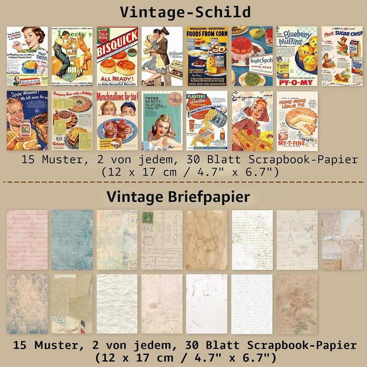 240 Blätter Vintage Scrapbooking Papier Deko 17x12cm Retro Scrapbooking Zubehör Tagebuch Papier Bast