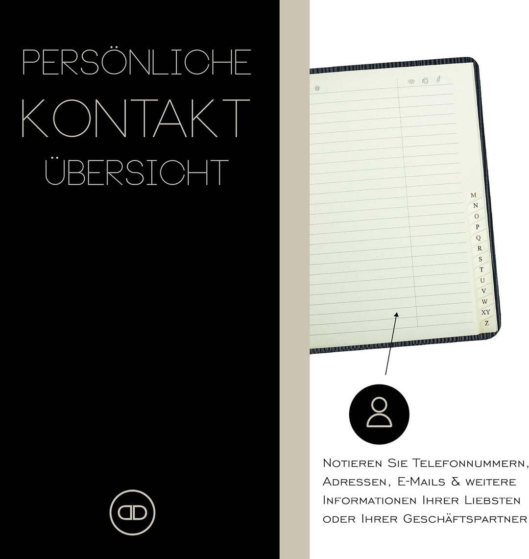 DELMON VARONE - Personalisierbares Adressbuch DIN A6+ gebunden mit A-Z Register Pagila Leder schwarz