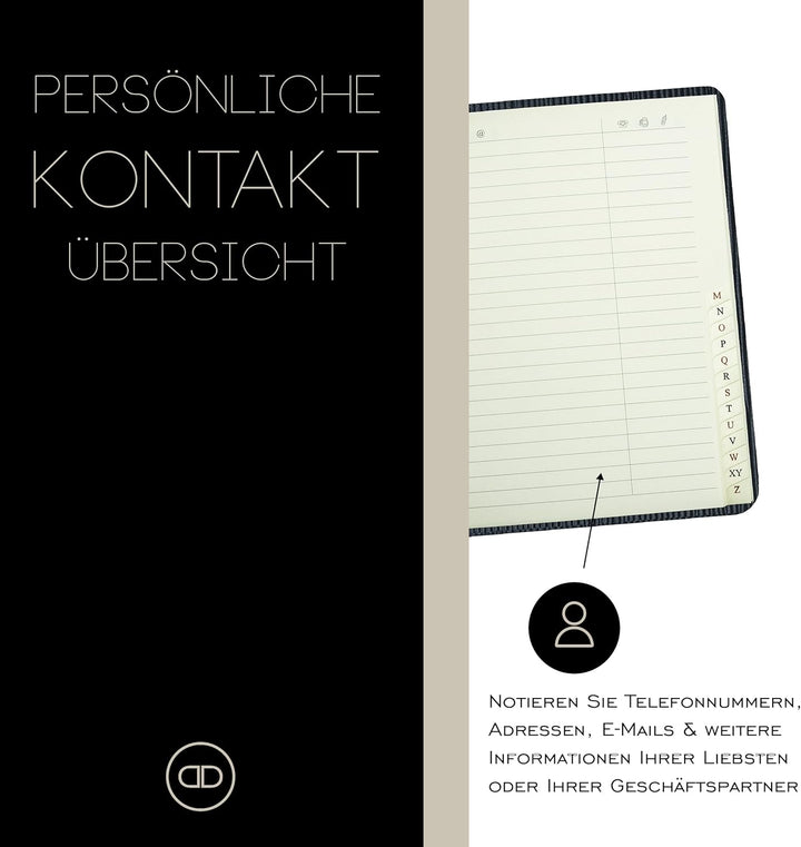 DELMON VARONE - Personalisierbares Adressbuch DIN A6+ gebunden mit A-Z Register Pagila Leder schwarz