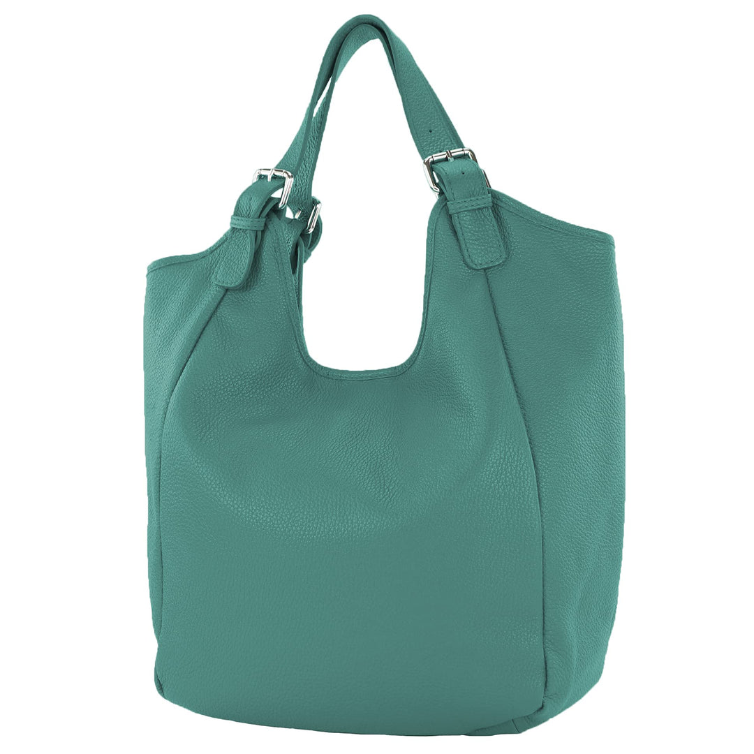modamoda de - T227 - Ital. Shopper Schultertasche Large aus Leder Petrol, Petrol