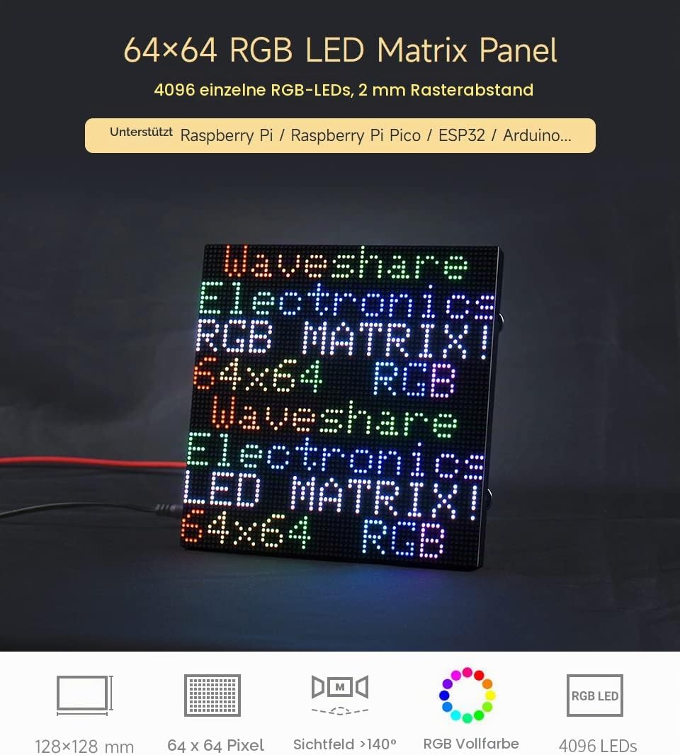 Waveshare RGB Full-Color LED Matrix Panel 2mm Pitch 64x64 Pixels Adjustable Brightness Compatible wi