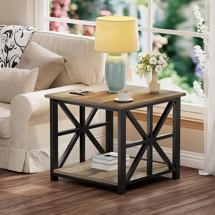 GreenForest Beistelltisch mit 2-stufigem Ablagefach, 50 cm quadratischer Wohnzimmertisch, praktische