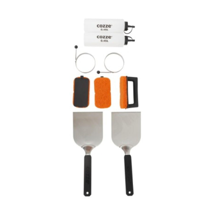 Cozze® Plancha Starterkit 9-teilig – Premium Grillzubehör-Set aus Edelstahl SS 304 mit Spateln, Gril