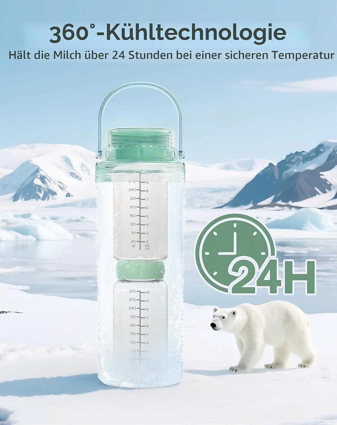 Xaproo Verbesserte 650ml Muttermilch-Kühlflasche, Tragbarer Muttermilchkühler für draussen mit 360°