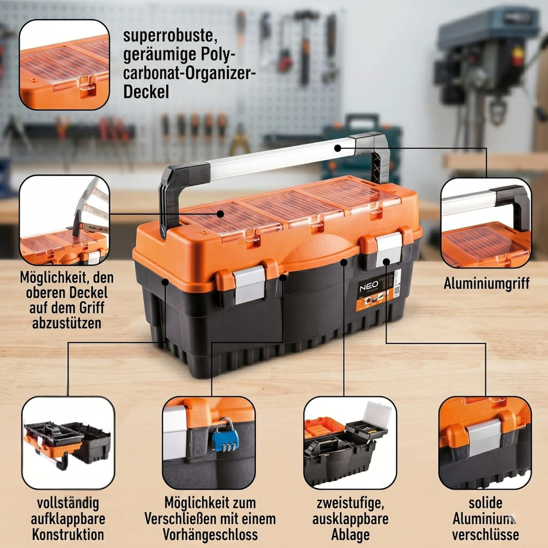 NEO TOOLS Gereedschapkoffer Werkzeugkasten 18", 46.2 x 25.6 x 24.2 cm, Alu-Schnappverschlüsse, 2 Auf