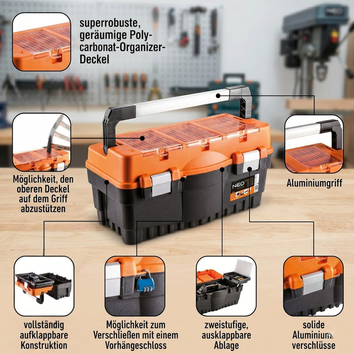 NEO TOOLS Gereedschapkoffer Werkzeugkasten 18", 46.2 x 25.6 x 24.2 cm, Alu-Schnappverschlüsse, 2 Auf