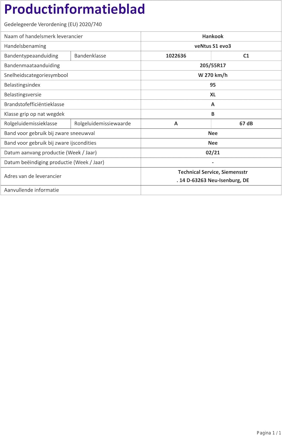 205/55WR17 HANKOOK TL K127 XL (EU) 95W E 205/55R17 95W - */XL, 205/55R17 95W - */XL