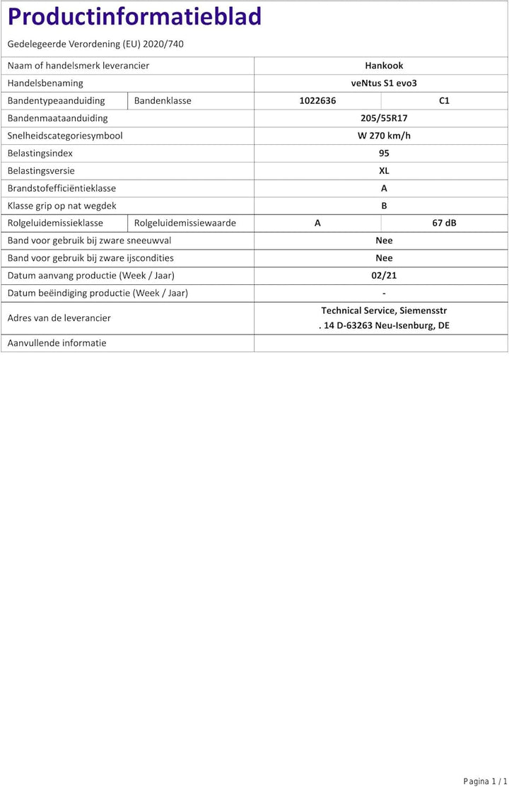 205/55WR17 HANKOOK TL K127 XL (EU) 95W E 205/55R17 95W - */XL, 205/55R17 95W - */XL