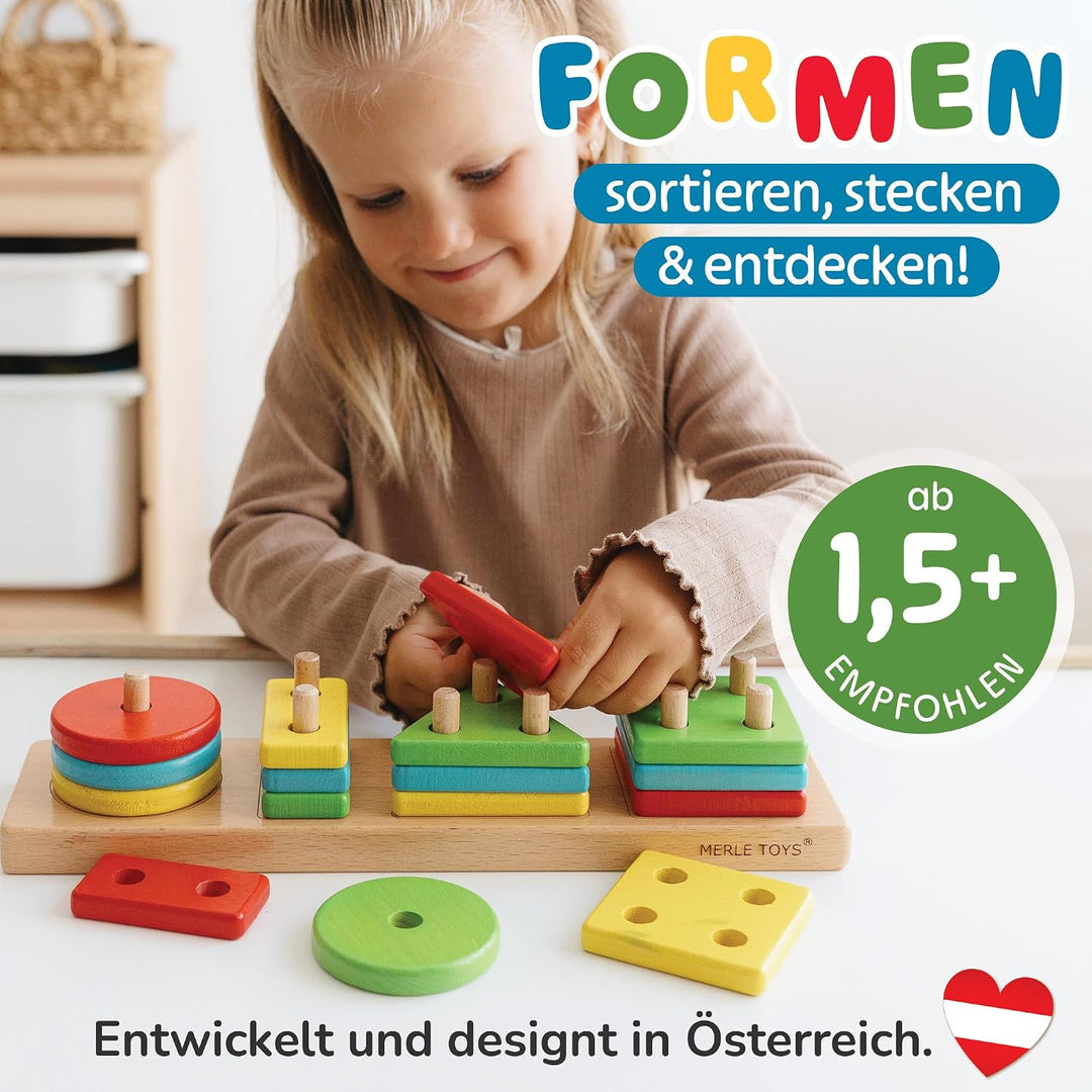 Steckspiel ab 1 Jahr, 4in1 Formen Sortierspiel ab 2 Jahre mit 16 Formen, Montessori Steckspiel Holz,