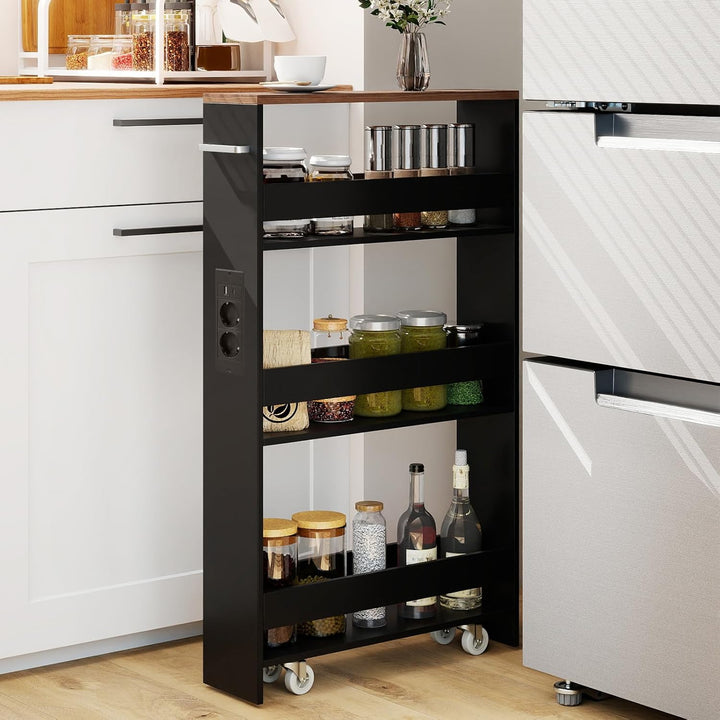 COSTWAY Nischenwagen 13cm breit, 4 Etagen Küchenwagen schmal mit Ladestation, Nischenregal auf Rolle